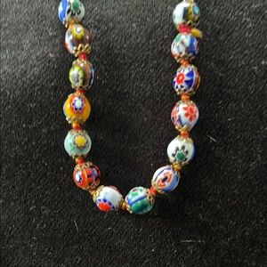 Red and Blue Millefiori Glass Bead Necklace